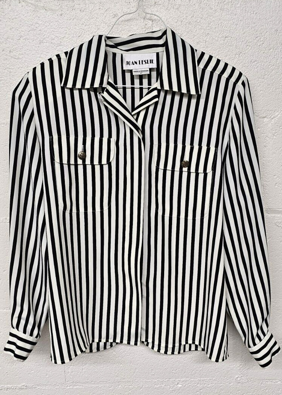 Vintage Joan Leslie Black White Striped Button Up Blouse Size 4P Beetlejuice
